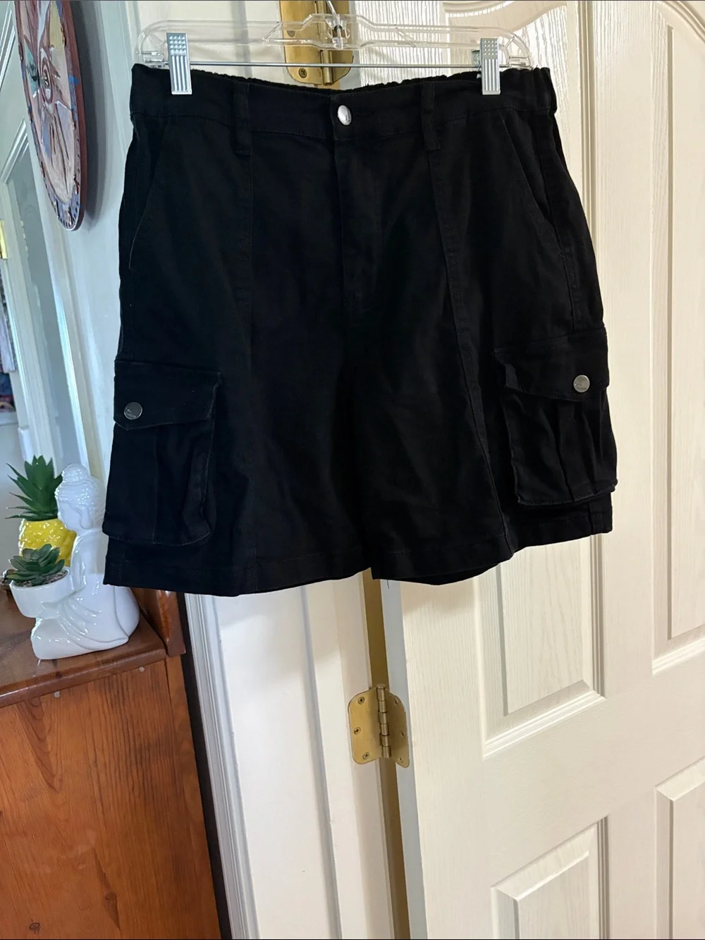 Women's Black Cargo Shorts with Utility Pockets. Elastic waist